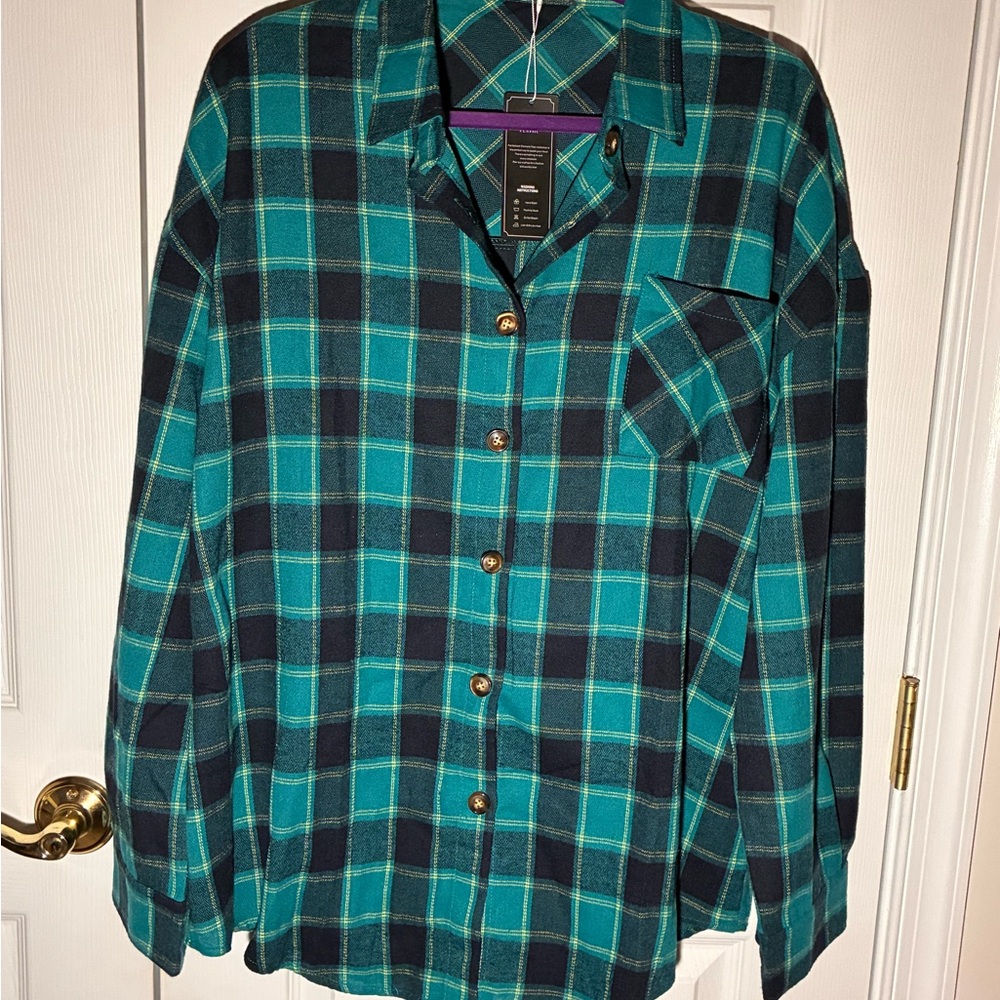 Teal and Black Plaid Button-Up Shirt - Picture 3 of 9